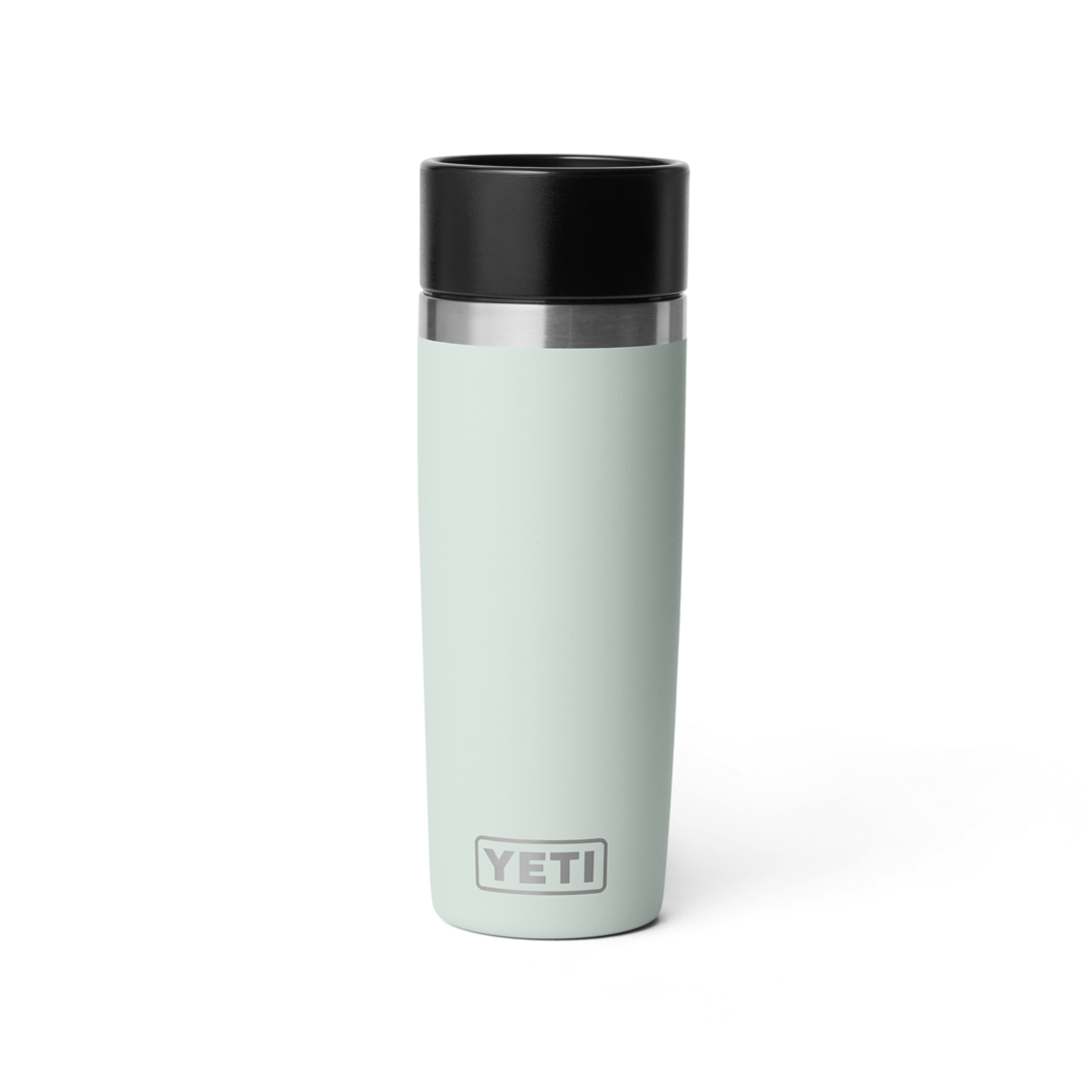 Light gray 16 oz travel bottle with stainless steel band and black lid featured in drinkware and kitchenware collections