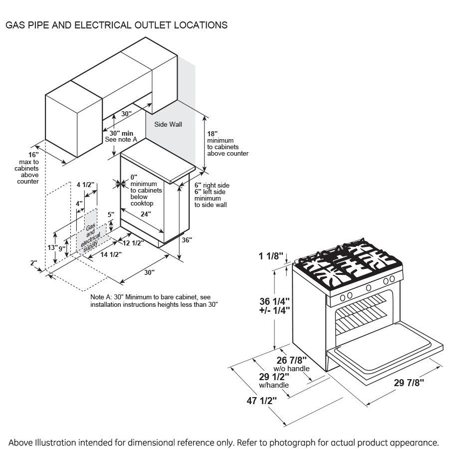Diagram showing gas pipe and electrical outlet placement with installation clearances for a 30-inch slide-in gas range in kitchen setup.
