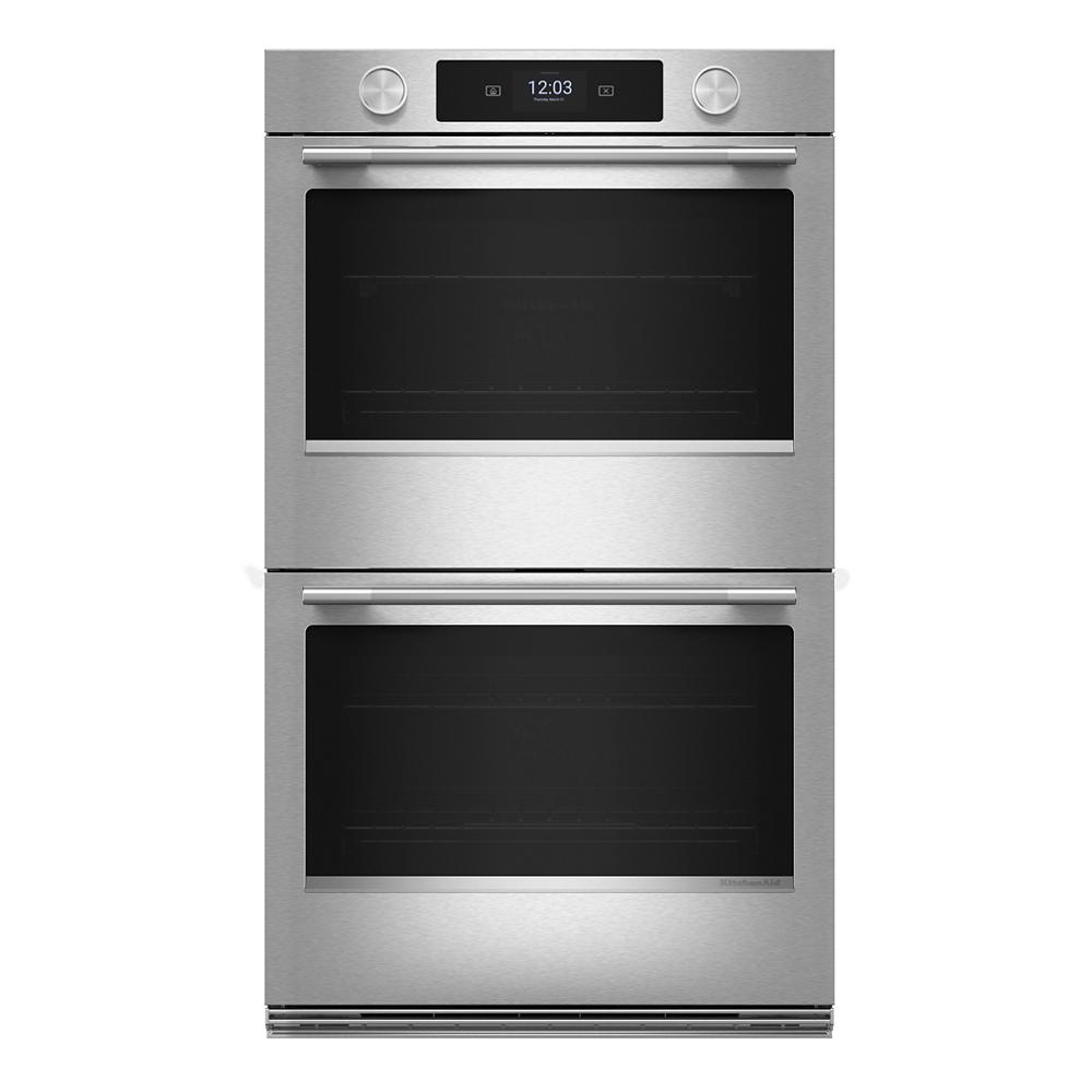 Stainless steel smart double wall oven with digital touchscreen and backlit knobs in KitchenAid appliances collection