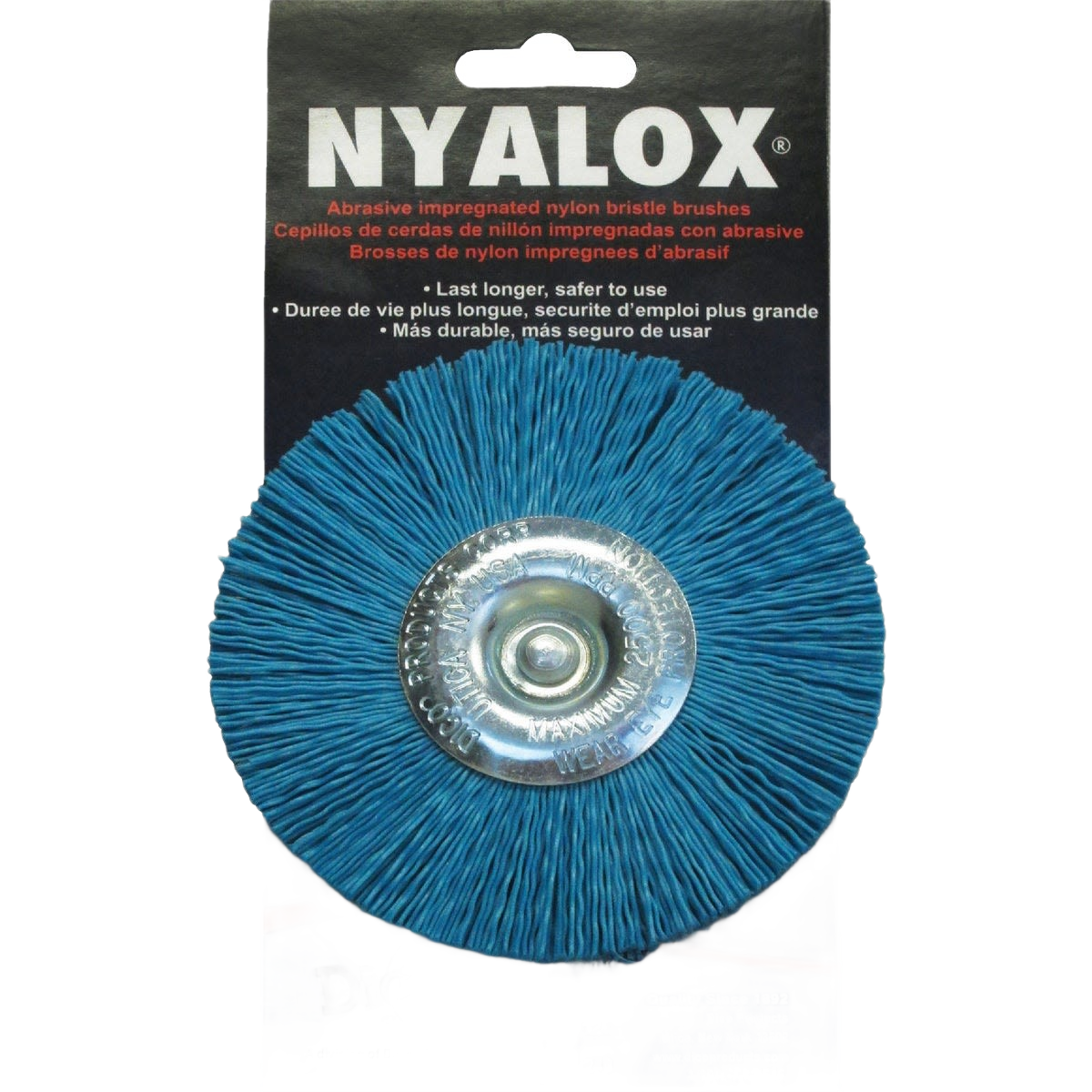 Blue abrasive nylon brush wheel with metal center, designed for tools and home improvement use