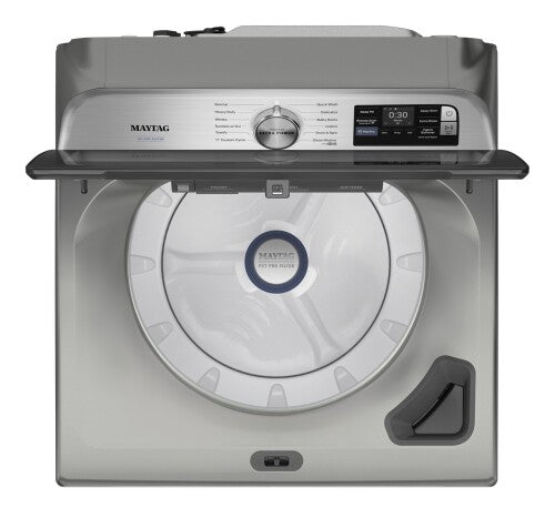 Top load washer with digital control panel and circular drum designed for pet hair removal in modern appliance collection