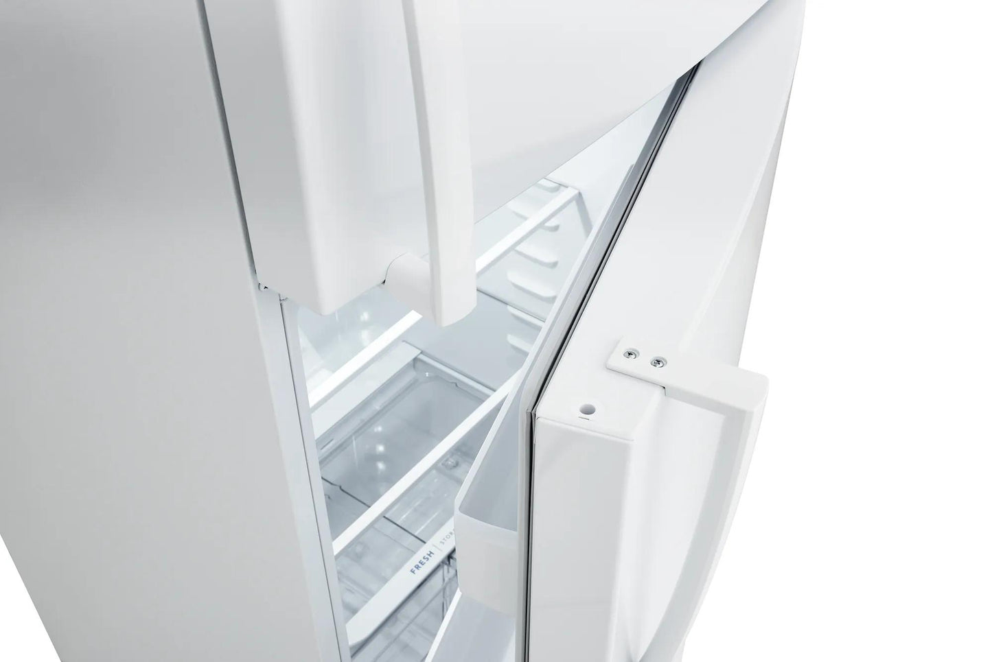 Close-up of a white top freezer refrigerator door opened, showing interior shelves and door bins in kitchen appliance setting