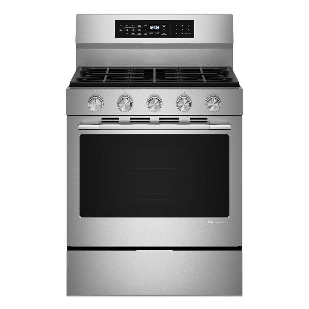 Modern stainless steel freestanding gas range with five control knobs, digital display, and convection cooking, part of KitchenAid Appliances and Kitchen & Kitchenware collections.