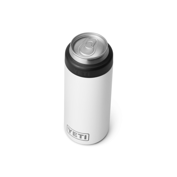 White slim can insulator with black rim and YETI logo, designed to keep 12 oz. slim cans cold, part of Drinkware and Kitchen & Kitchenware collections.