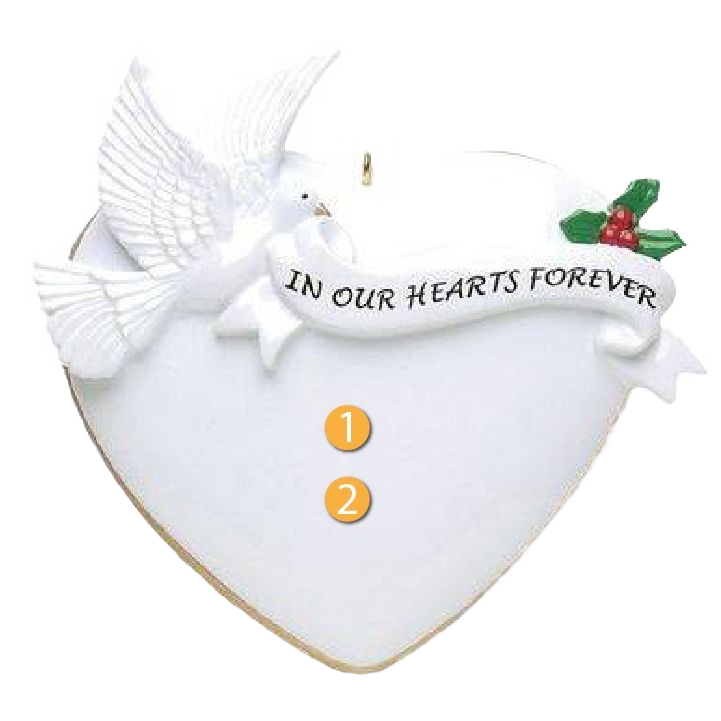 White heart-shaped ornament with dove and ribbon reading In Our Hearts Forever in Christmas Decorations collection