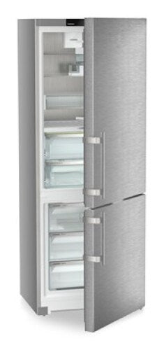 Stainless steel freestanding refrigerator/freezer with ice maker and right-hinged doors in kitchen appliances collection