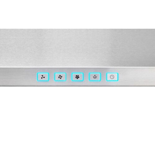 Back-lit soft touch control panel with fan speed, lighting, and timer buttons on stainless steel range hood for kitchen appliances