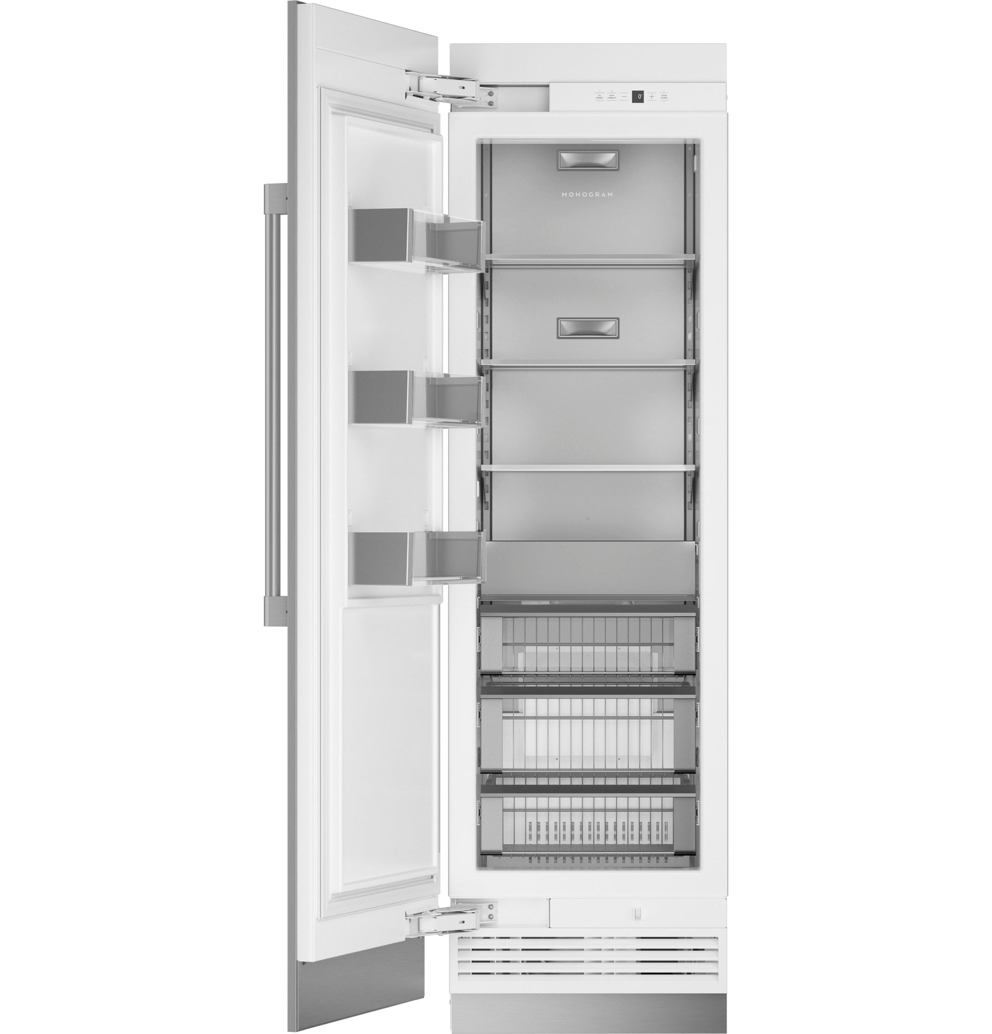 Open panel-ready integrated column freezer with interior shelving and wire baskets in kitchen appliances collection
