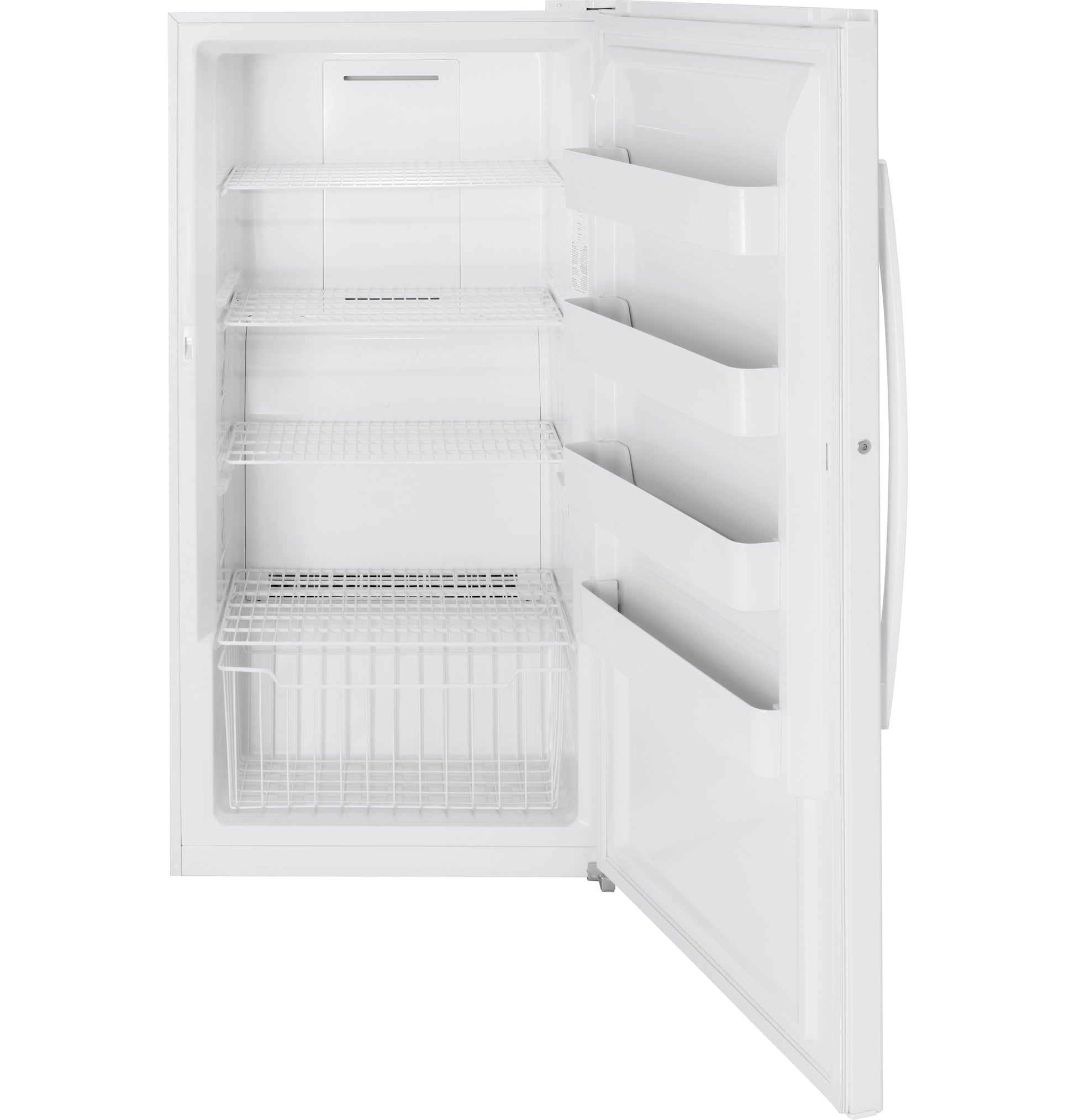 White frost-free upright freezer with open door showing wire shelves and door storage from Upright Freezers collection