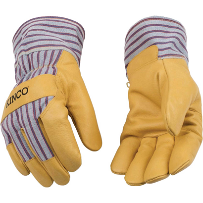 Pair of cotton blend canvas work gloves with leather palms and striped fabric backs for tools and home improvement tasks