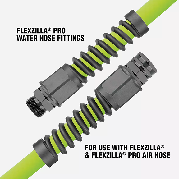 Green Flexzilla Pro hose with black protective spring and gray reusable plastic male end fittings for watering and irrigation