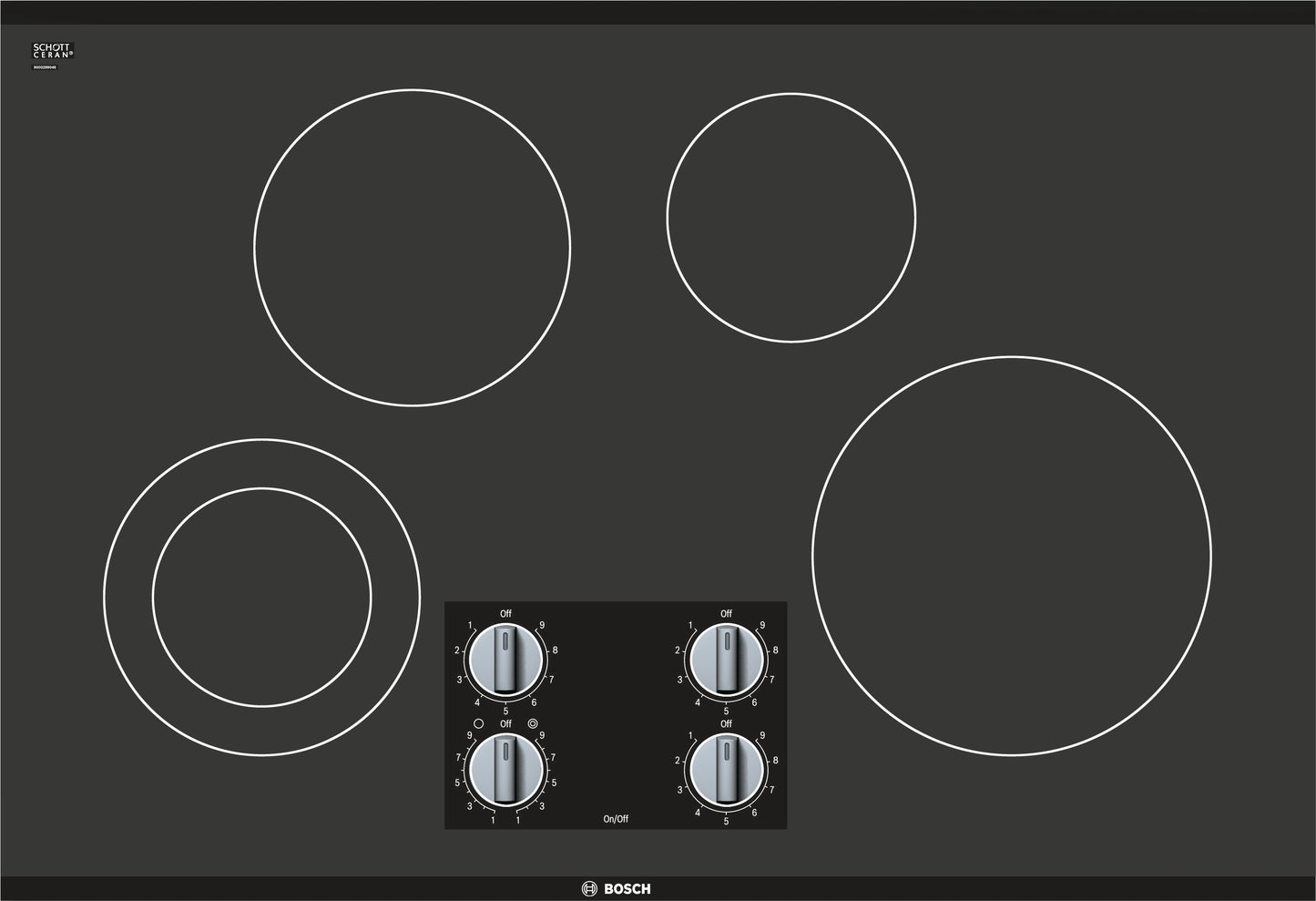Black seamless glass electric cooktop with four burners and front control knobs in Bosch kitchen appliances collection