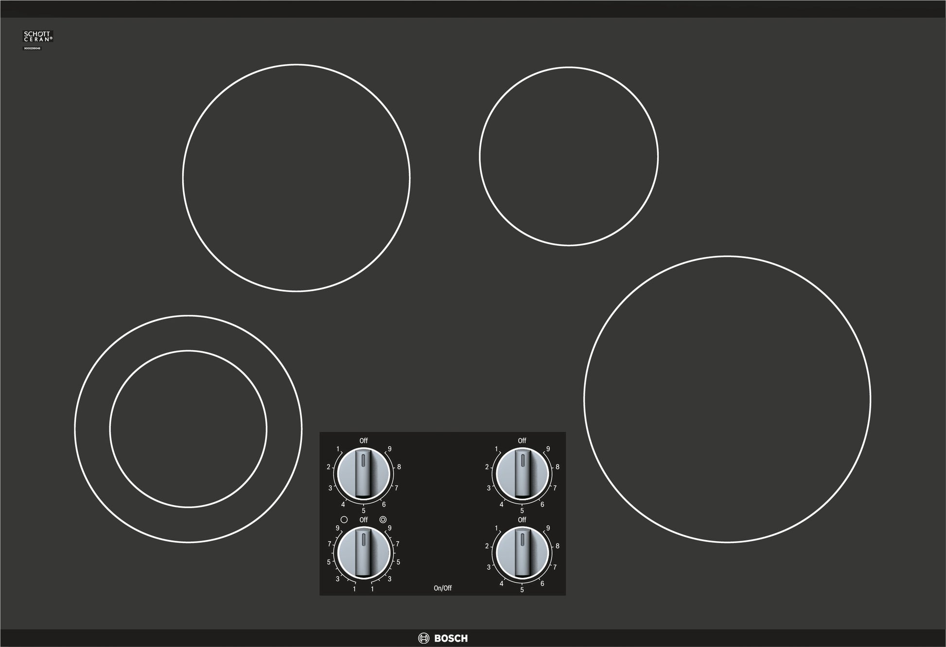 Black seamless glass electric cooktop with four burners and front control knobs in Bosch kitchen appliances collection