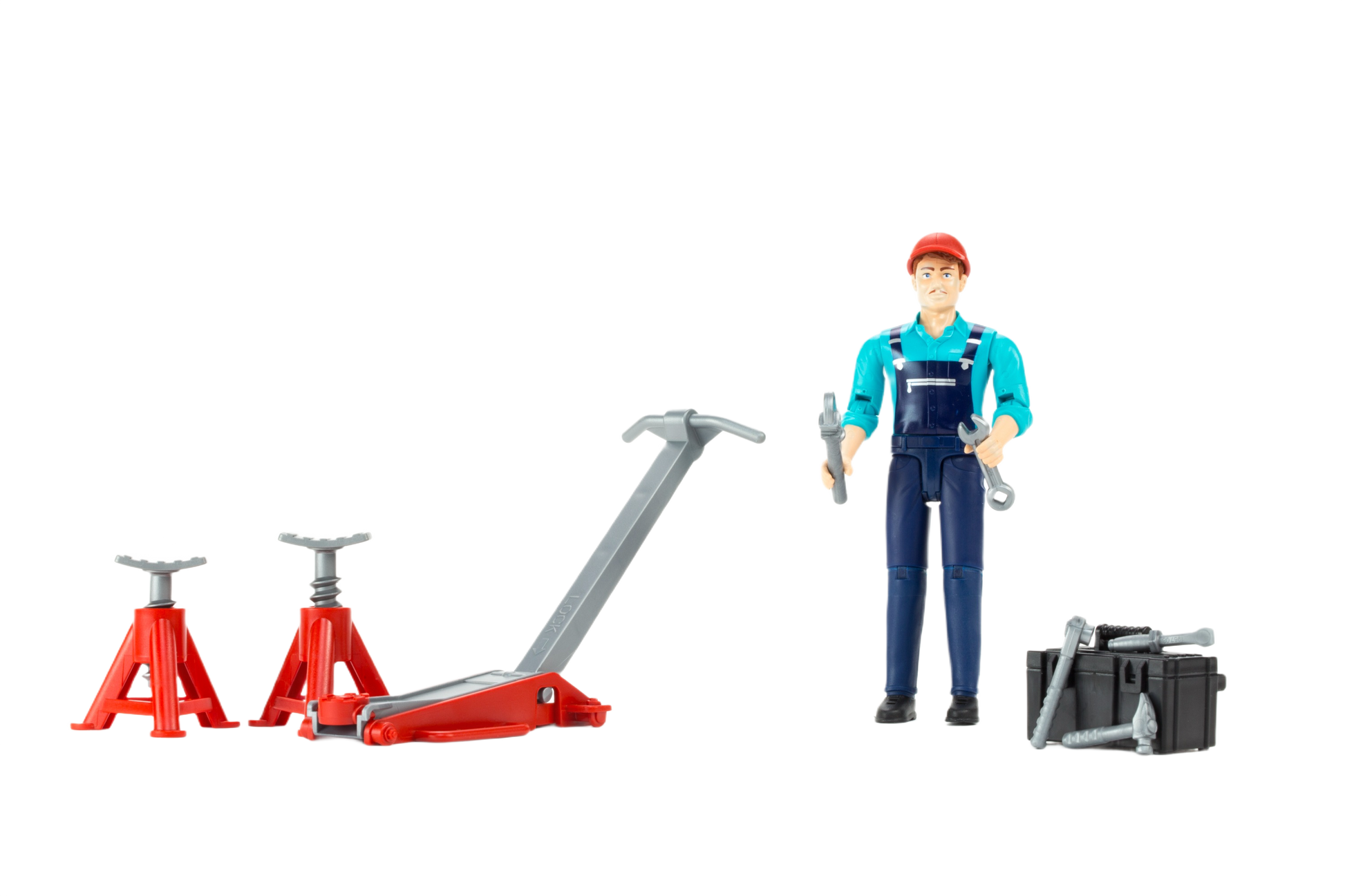 Toy mechanic figure with hydraulic jack, red jack stands, toolbox, and repair shop accessories for pretend play