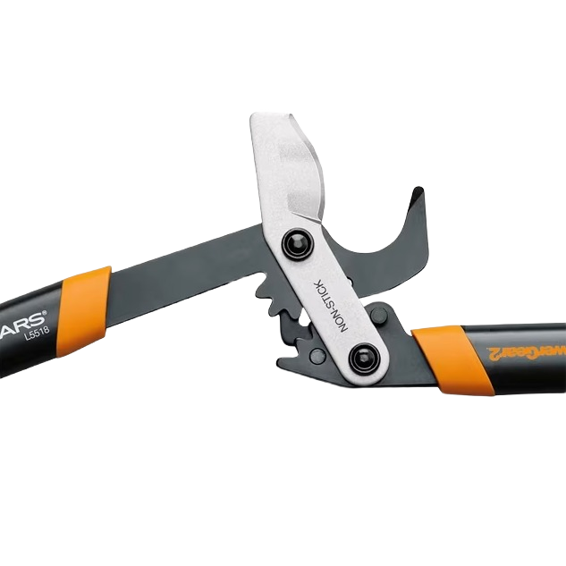 Close-up of Fiskars PowerGear2 steel bypass lopper blades and orange-black ergonomic handles for home improvement tasks