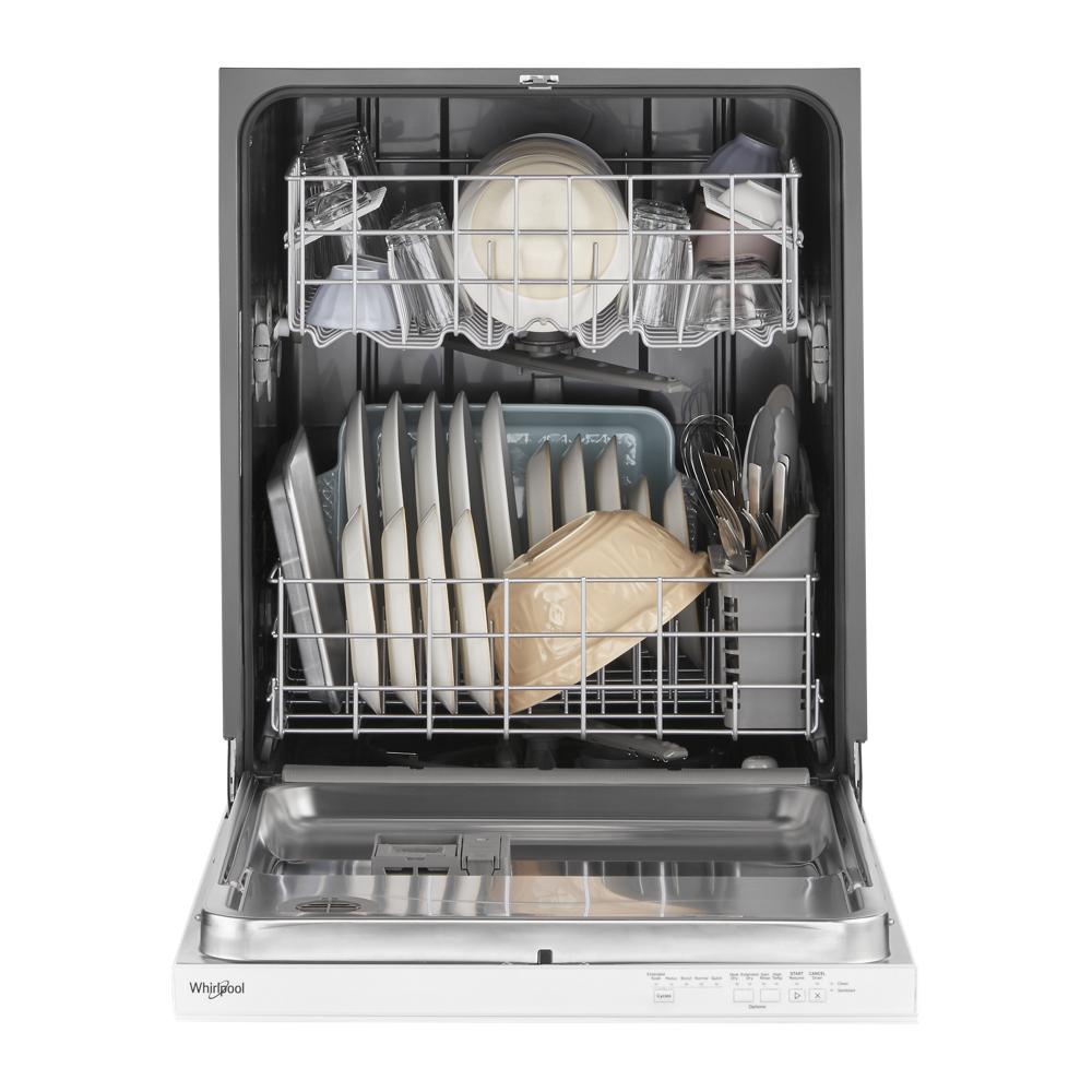 Open dishwasher loaded with assorted clean dishes and utensils in a kitchen appliances and dishwashers collection