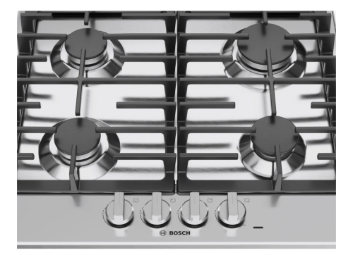 Stainless steel gas cooktop with four burners and heavy-duty cast iron grates in kitchen appliances collection