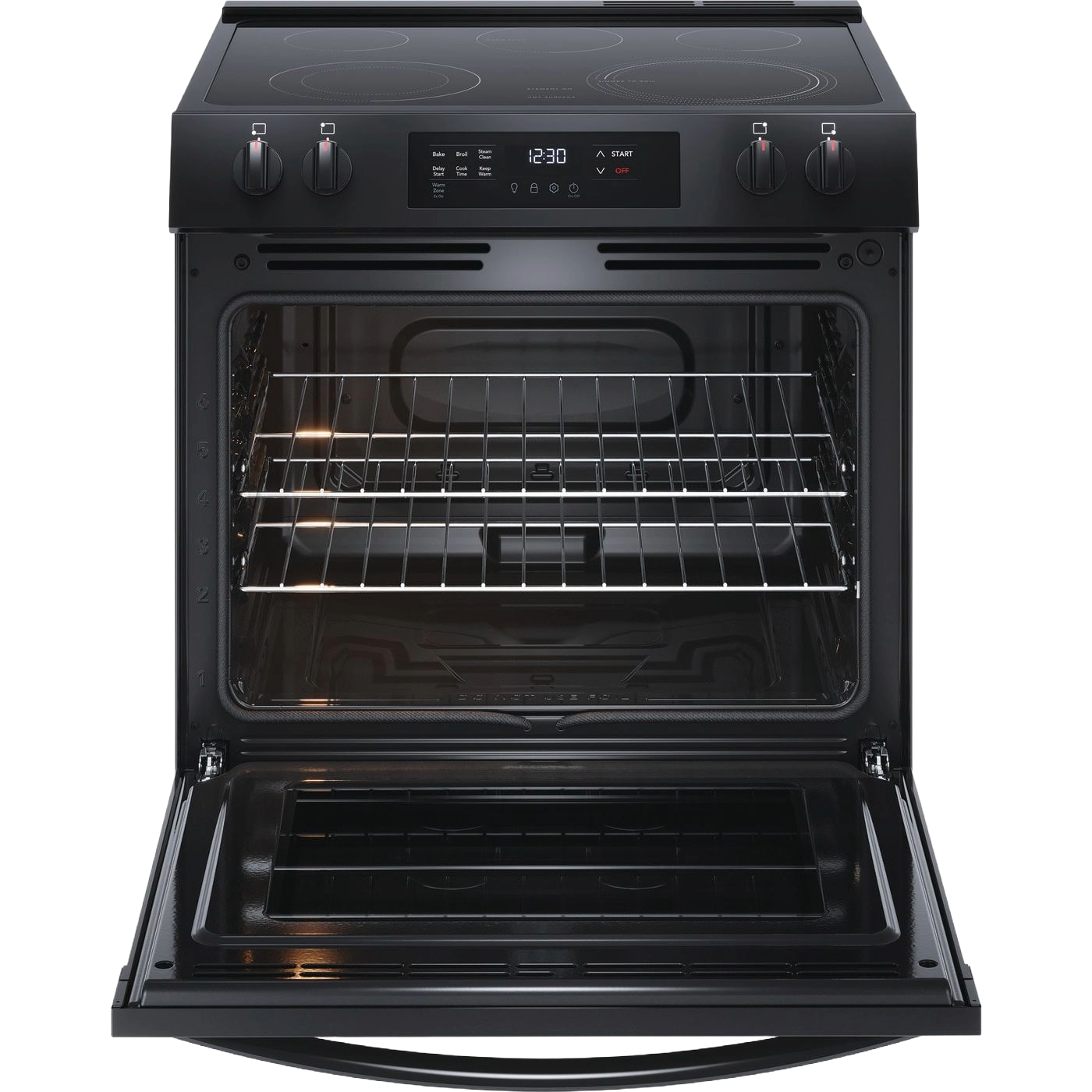 Black electric range with open oven door showing empty interior racks and digital control panel in kitchen appliance setting