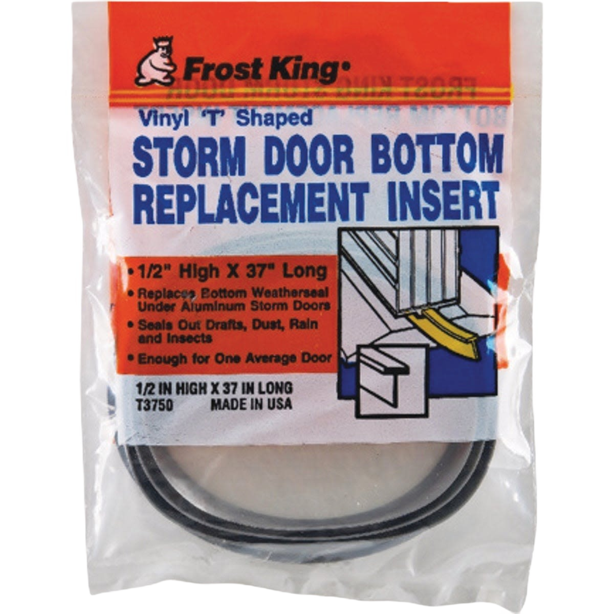 Vinyl T-shaped storm door bottom seal replacement insert for draft and insect protection in hardware and home improvement collections