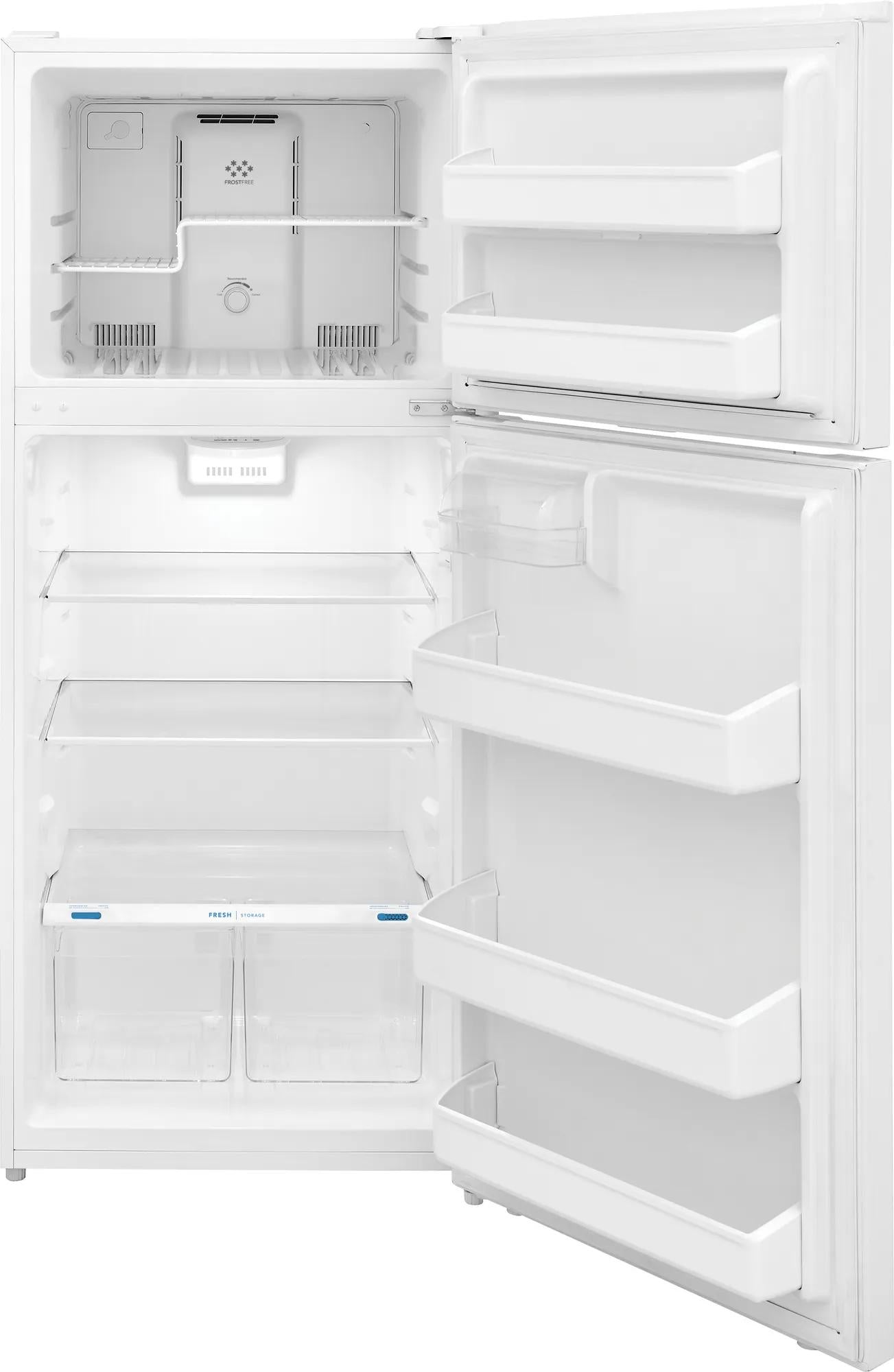 Open white top freezer refrigerator with adjustable glass shelves and spacious door bins from kitchen appliances collection