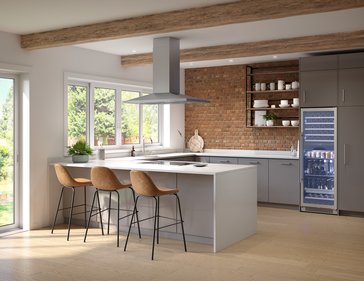 Contemporary kitchen featuring stainless steel island hood with LED lighting and three brown leather bar stools from Island Range Hoods collection