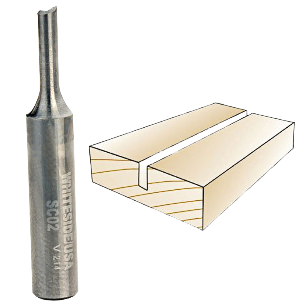 Solid carbide straight inlay router bit alongside a wood inlay groove illustration for tool accessories collections