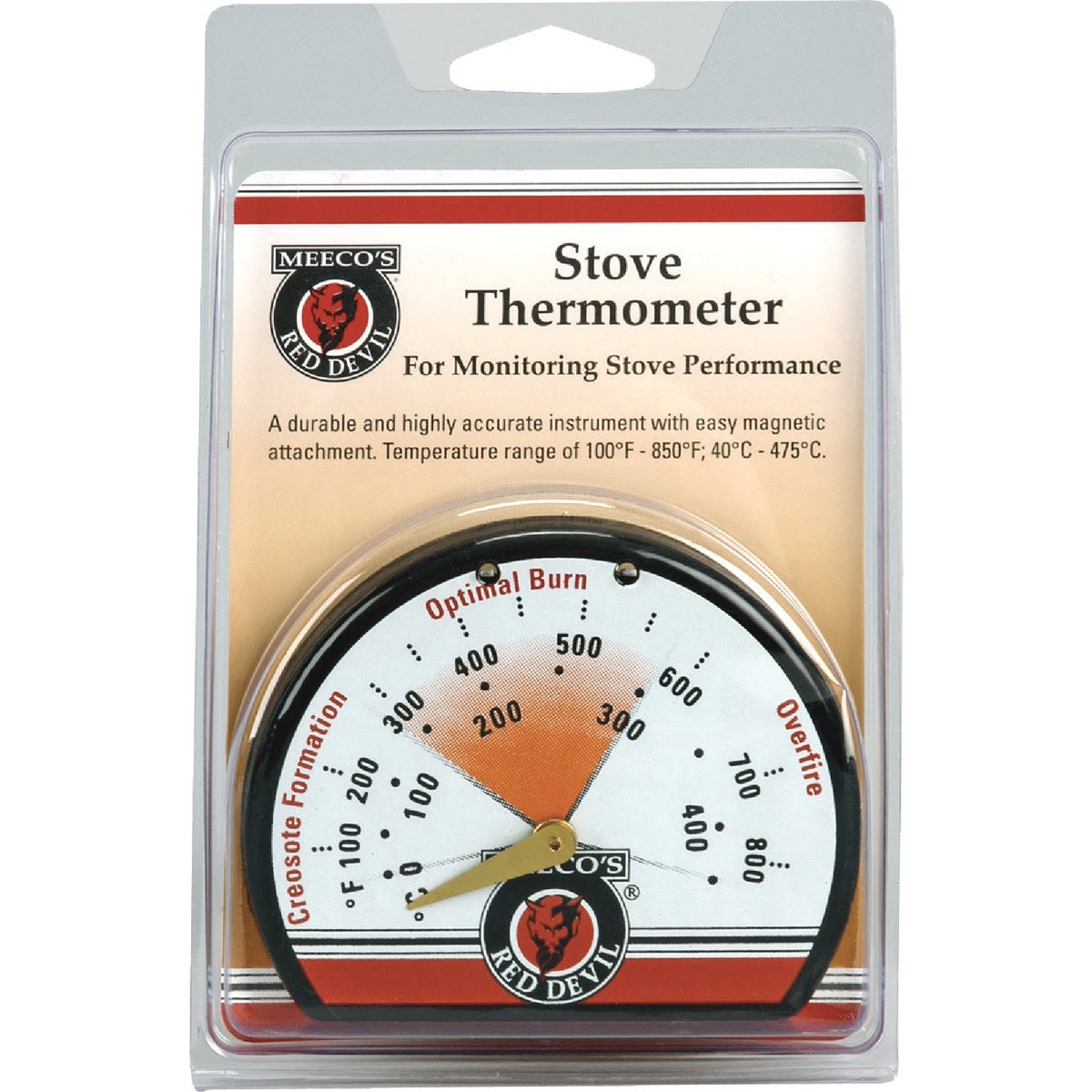Porcelain stove thermometer with magnetic back and temperature range 100°F to 850°F for plumbing and home improvement tools