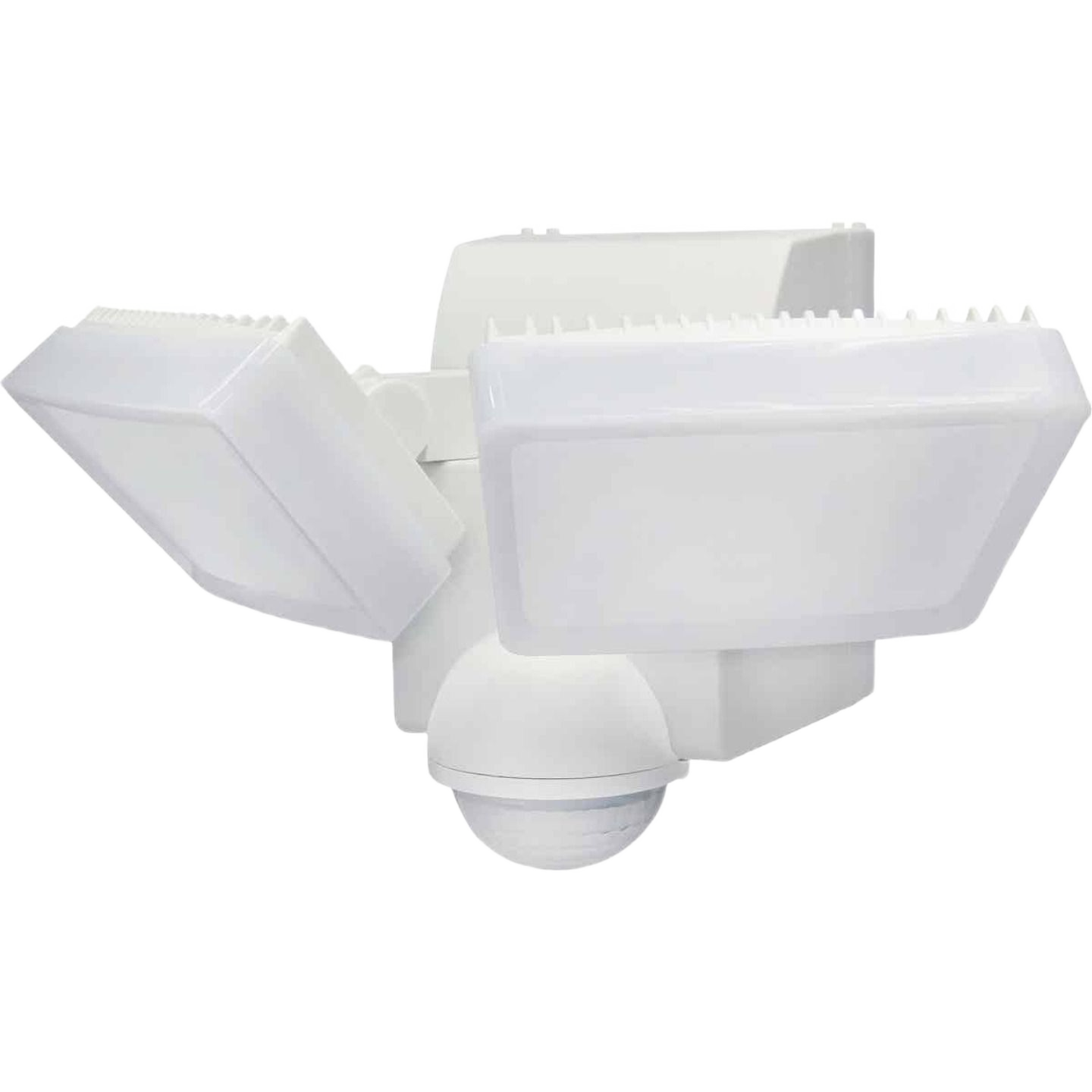 White battery-powered motion sensing security light fixture with two adjustable LED heads for outdoor use