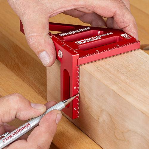 Red anodized 3D marking square with clear measurements used for precise woodworking layout in hand tools collections under $100