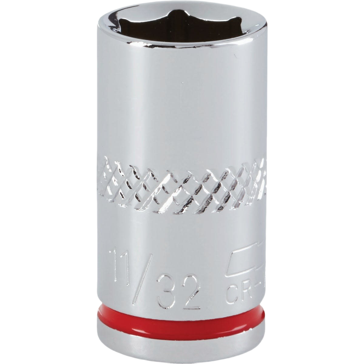 Shallow 6-point standard socket with knurled grip and red color band for woodworking and hand tool use