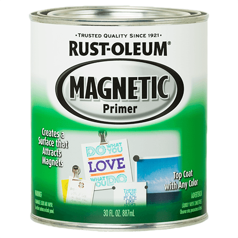 Quart can of dark gray magnetic primer for creating magnet-attracting surfaces in specialty paint collections