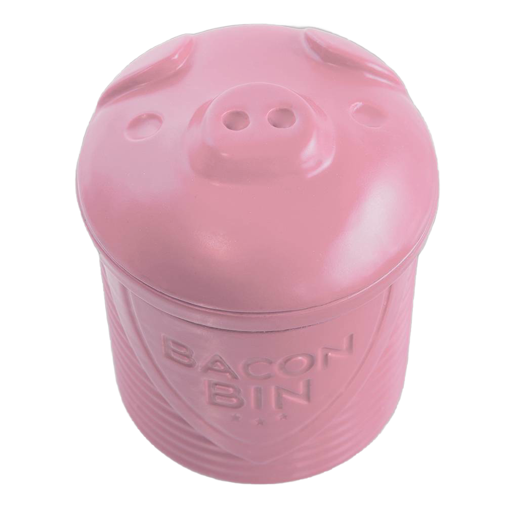 Pink ceramic grease holder with pig face lid and embossed "Bacon Bin" text from kitchenware collection