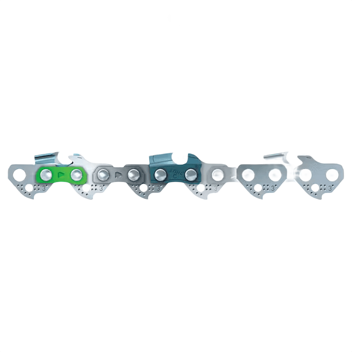 Low-profile saw chain segment with square-cornered cutters for cutting efficiency in STIHL parts and lubricants collection
