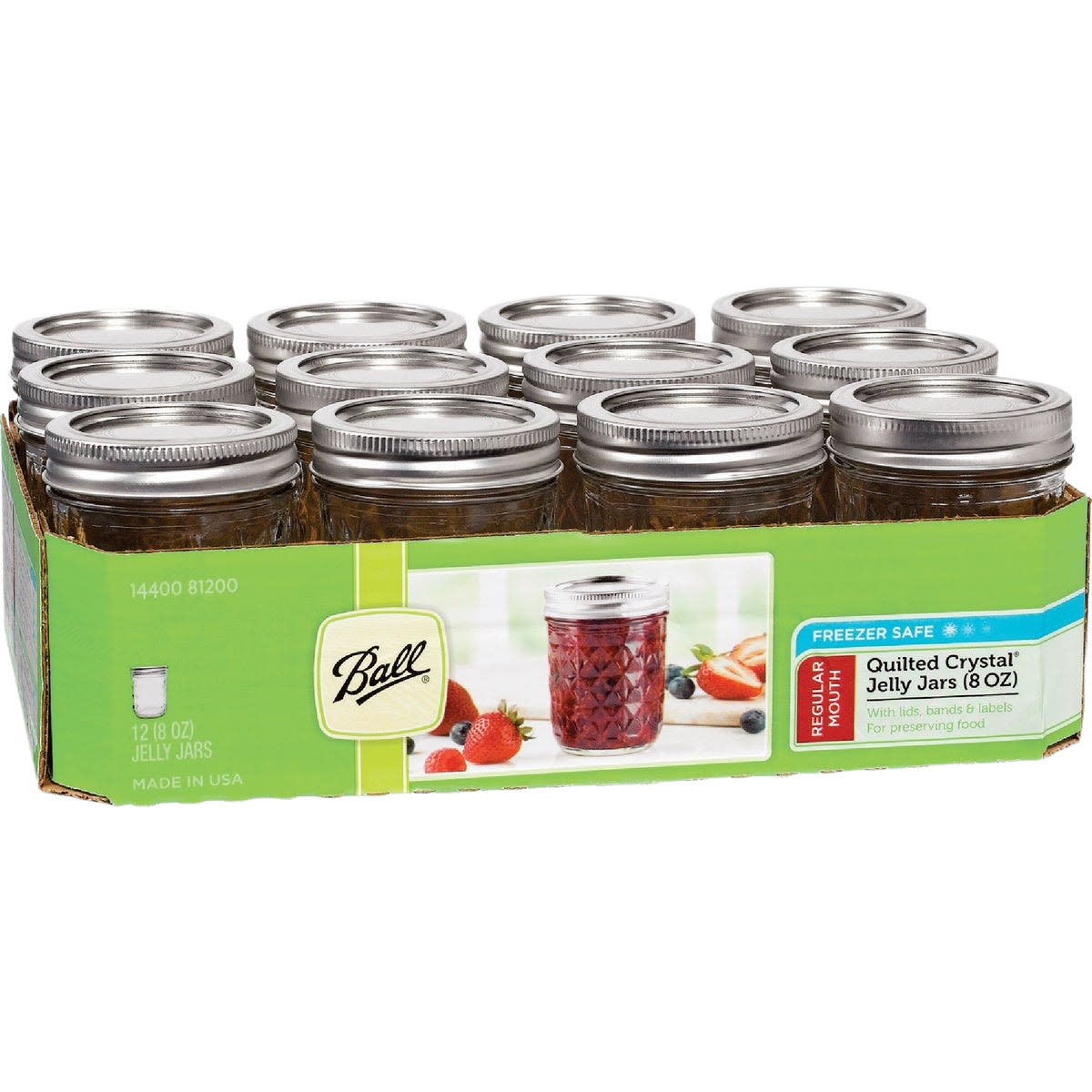 Set of twelve Ball brand glass jelly jars with metal lids in green packaging for food preservation and home storage