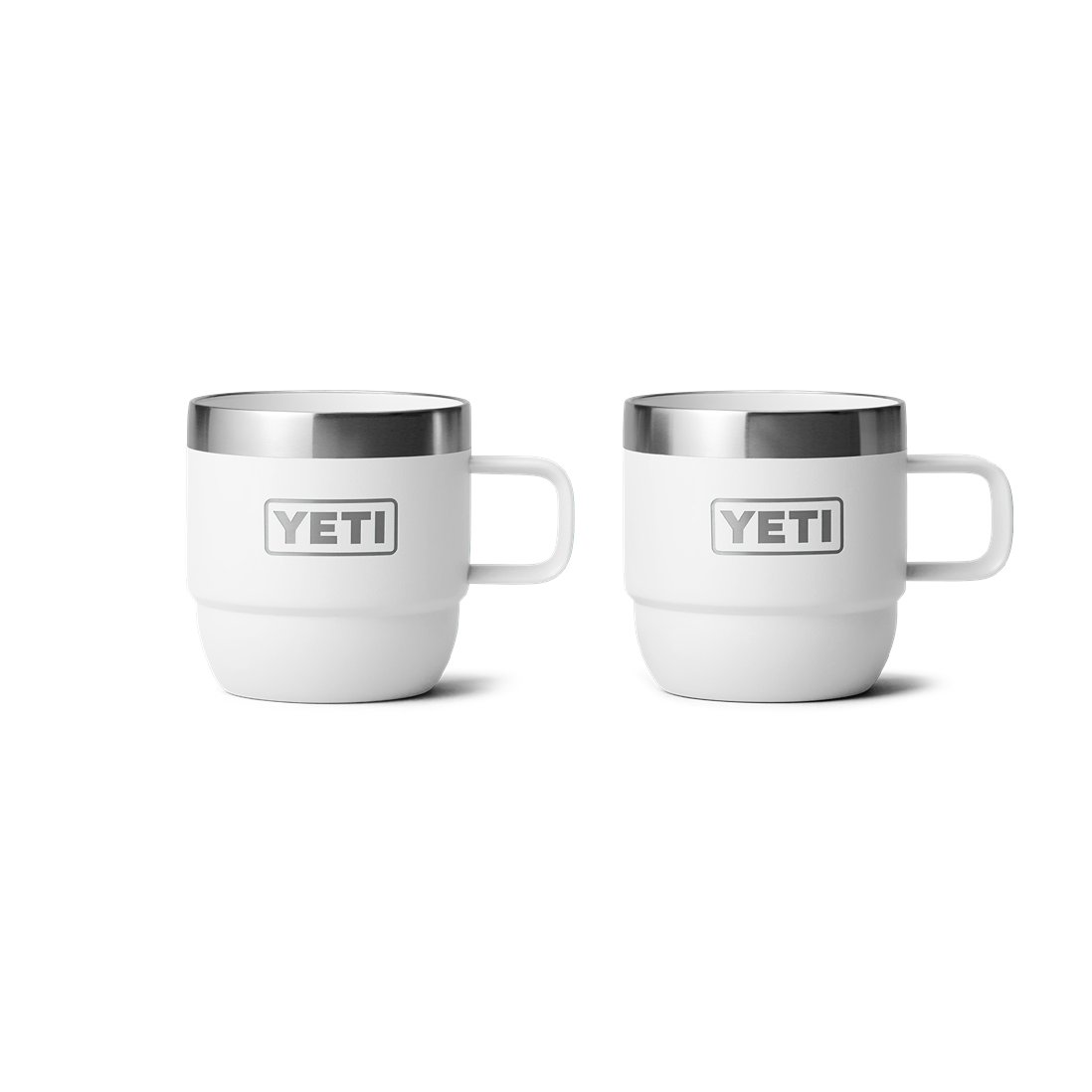 Two white stackable mugs with stainless steel rims from durable kitchenware and drinkware collections under $100