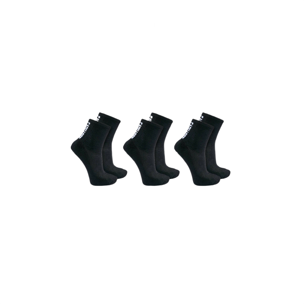 Three pairs of black midweight short crew socks with logo detail, part of Clothing & Shoes, Accessories, and Socks collections at Hartville Hardware.
