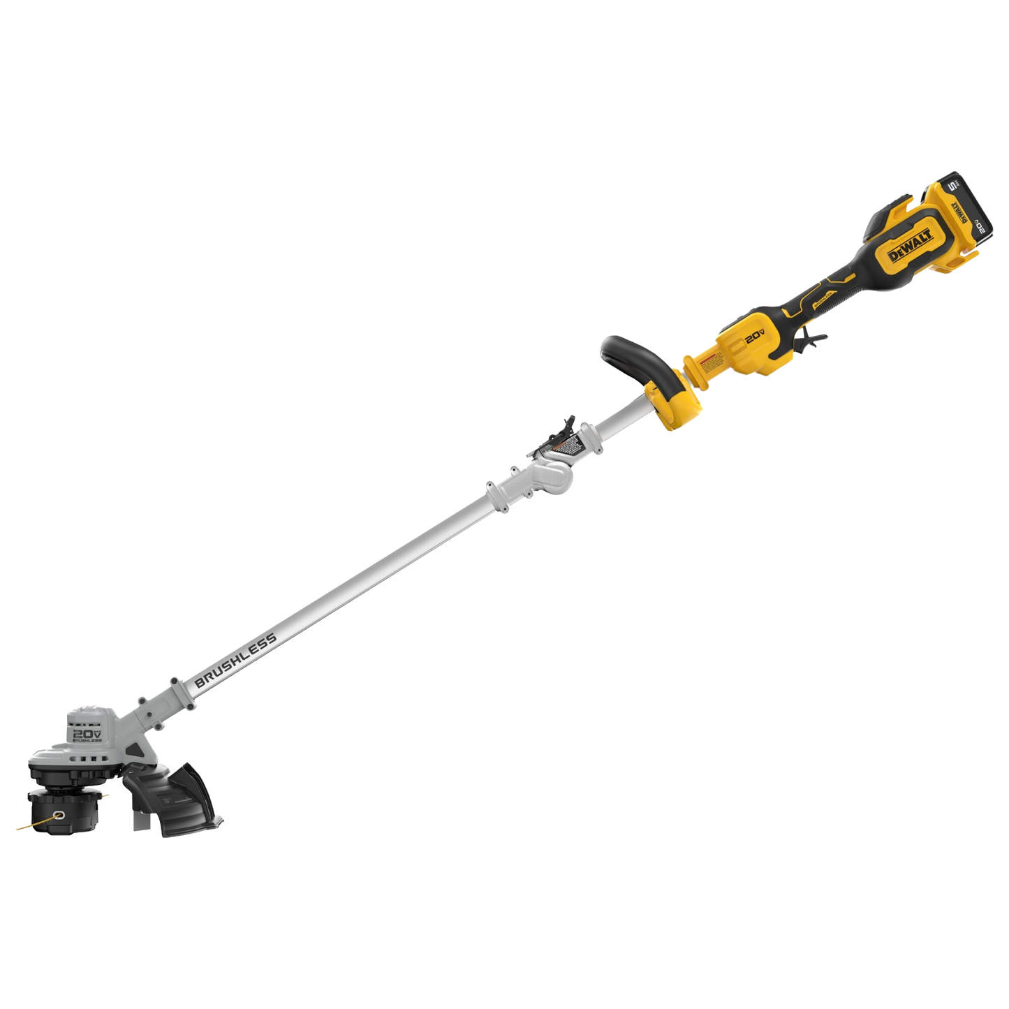 Cordless foldable string trimmer with brushless motor and yellow and black design for outdoor power equipment and lawn maintenance tools.