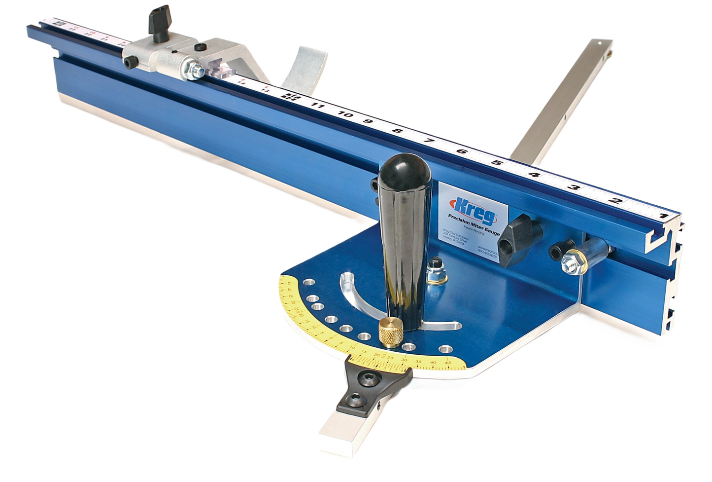 Precision miter gauge system with adjustable stops in blue aluminum for saw accessories and tool accessories collections