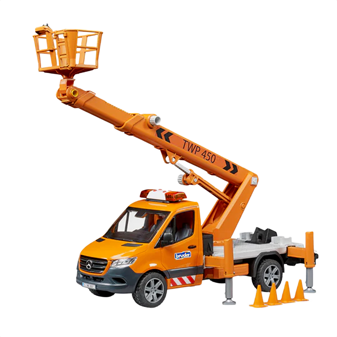Orange toy Mercedes utility truck with extendable work platform, stabilizer legs, and traffic cones for home improvement play