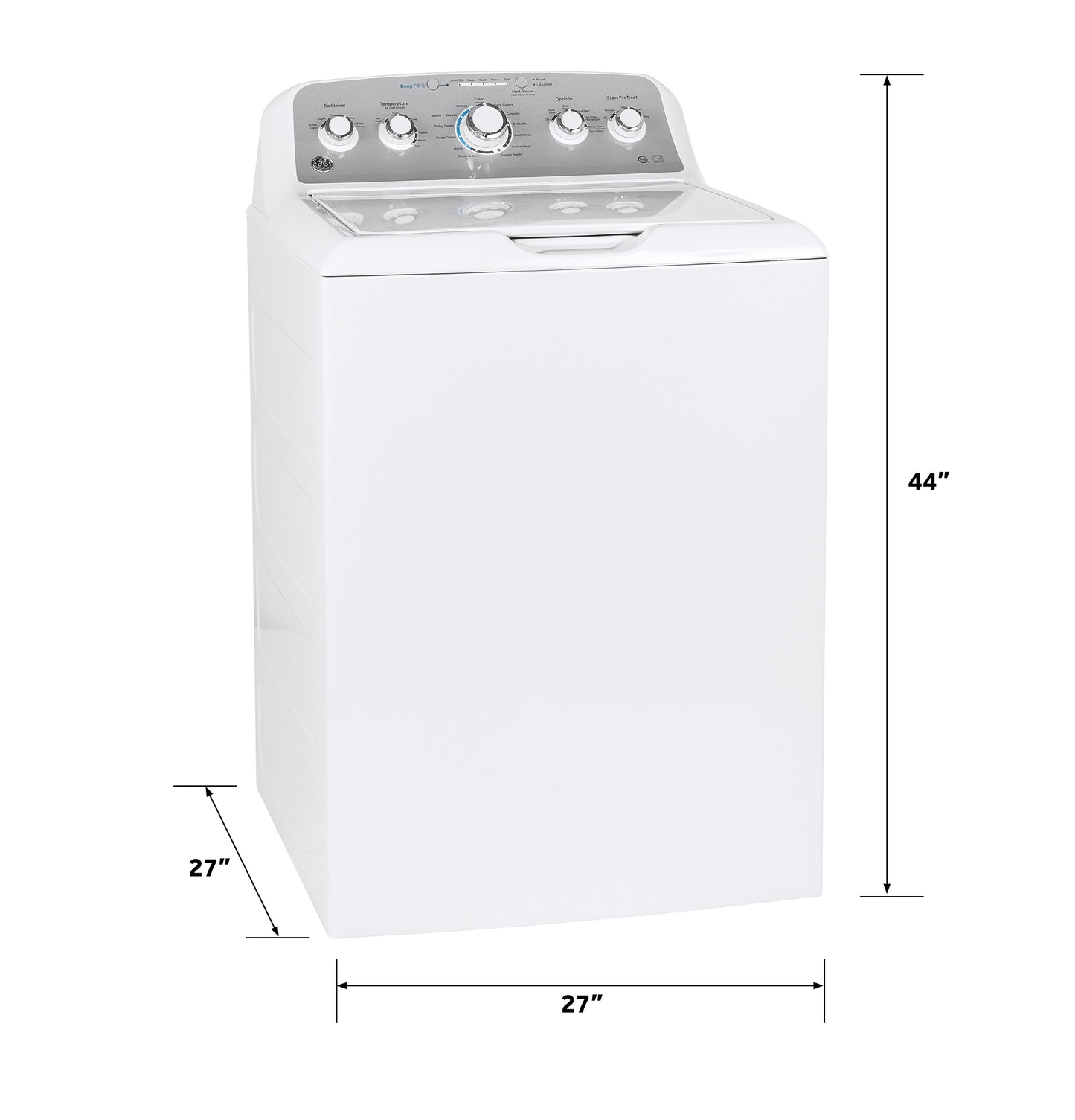 White top load washer with stainless steel basket and illuminated control panel showing cycle and option dials