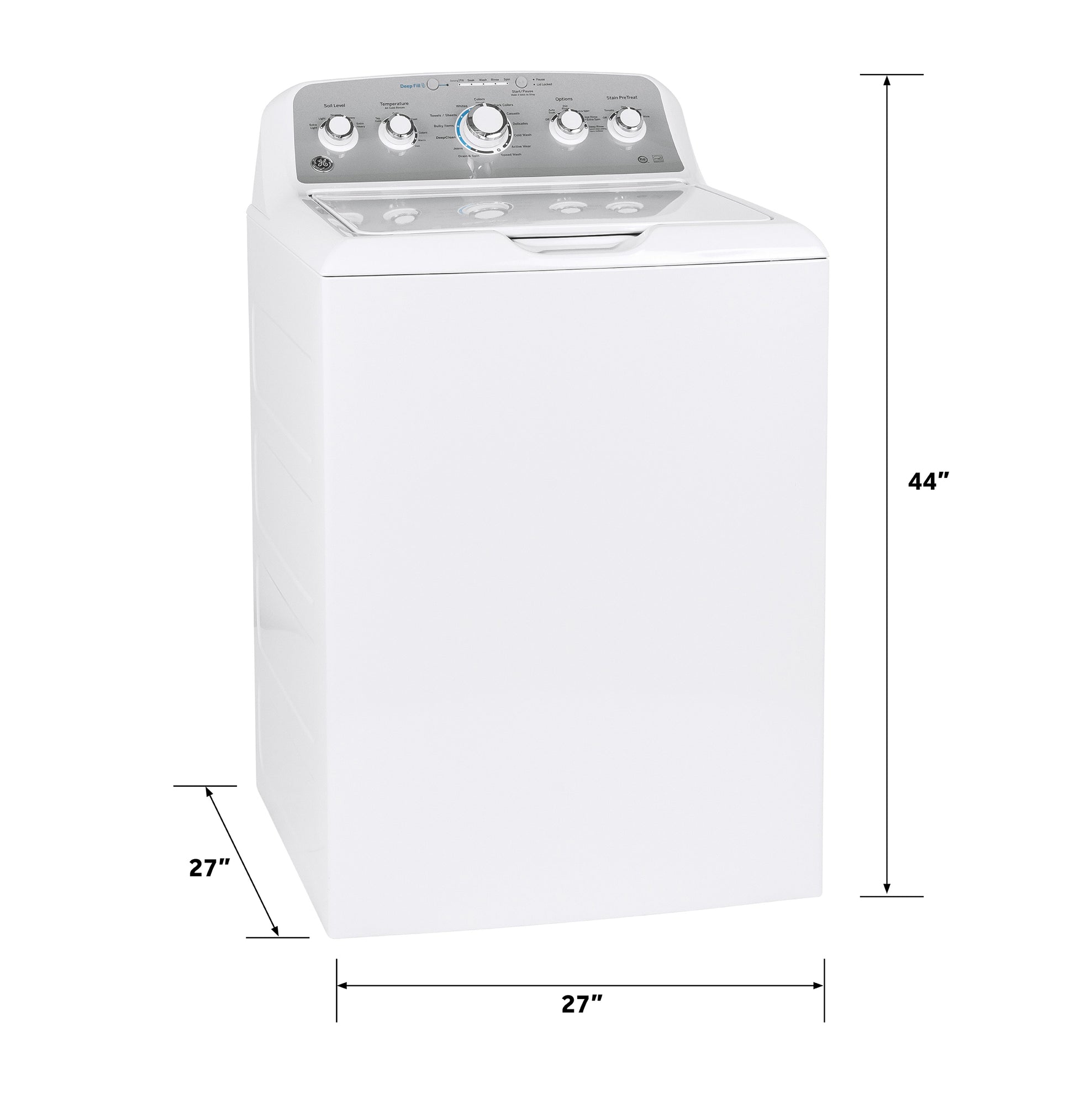 White top load washer with stainless steel basket and illuminated control panel showing cycle and option dials