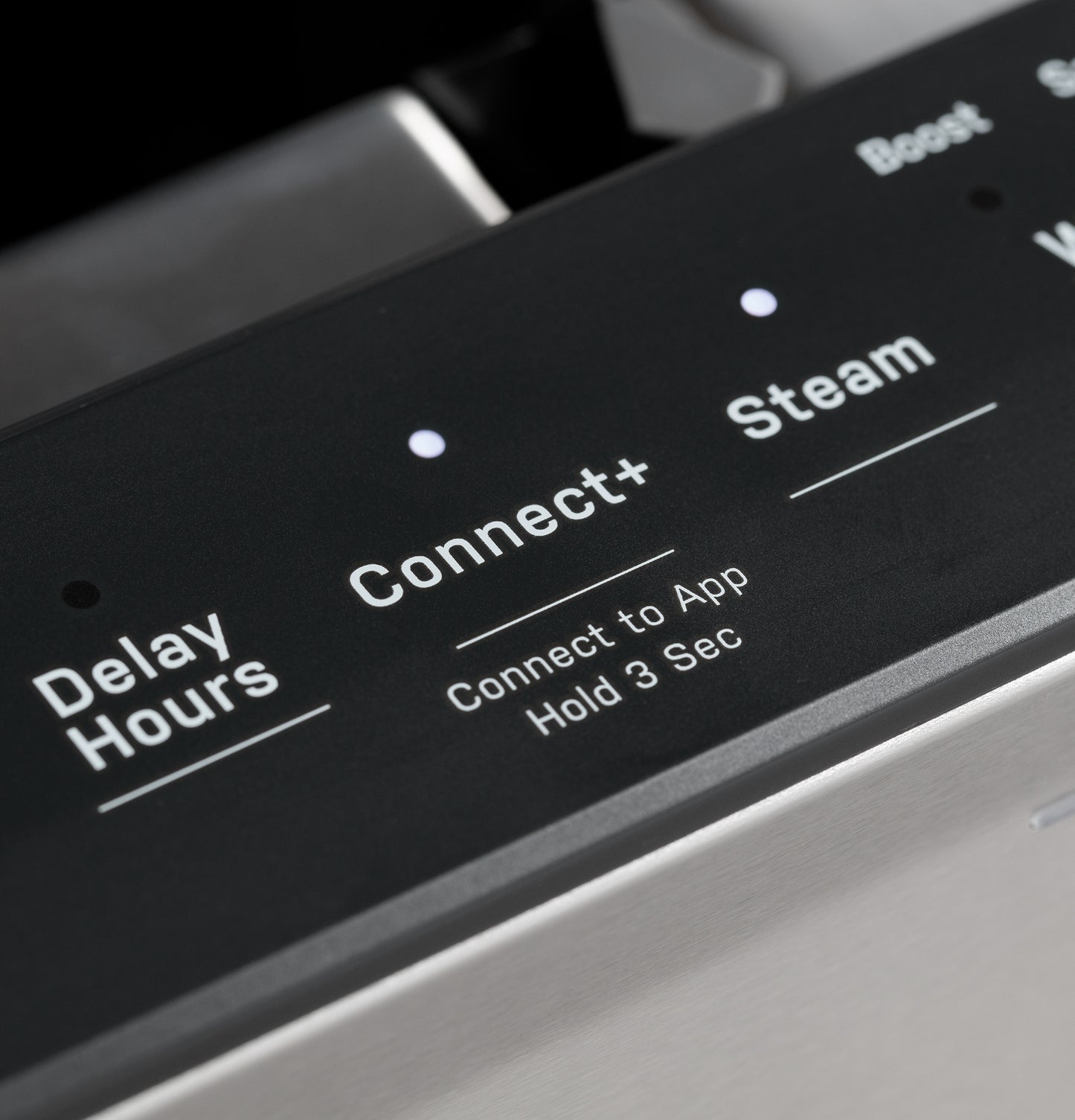 Close-up of stainless steel dishwasher control panel showing smart Connect+ and Steam cycle options in dishwashers collection