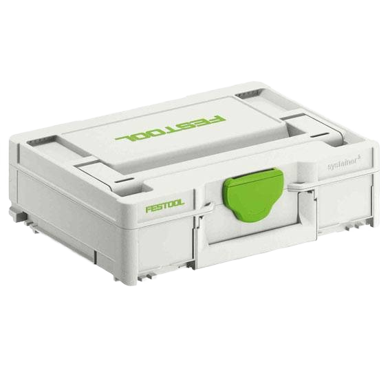Compact gray and green tool storage case from Festool, designed for efficient workshop and jobsite organization.