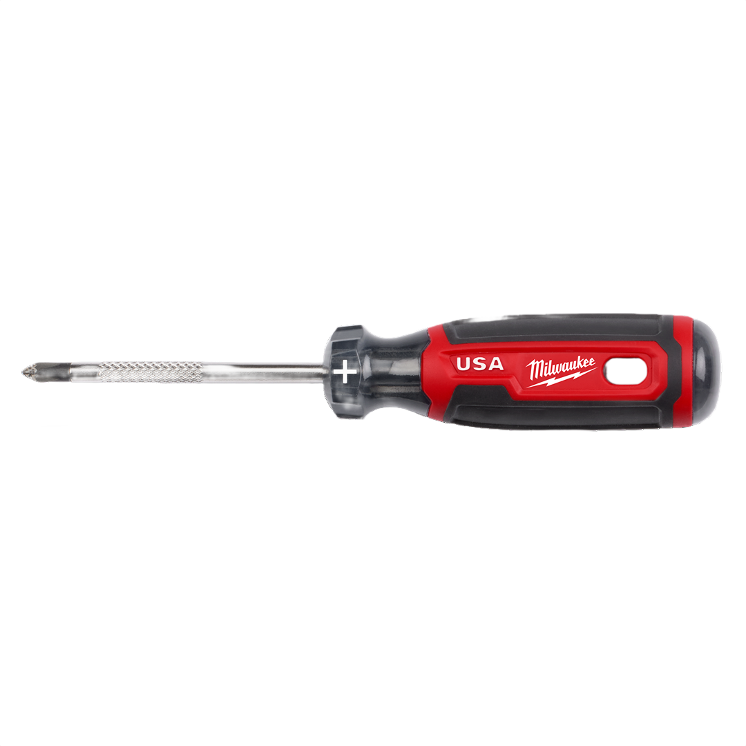 Red and black cushion grip screwdriver with Phillips tip for home improvement and tool use