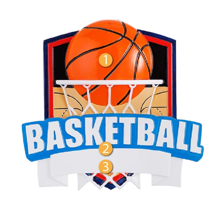 Orange basketball over hoop and net with bold blue basketball lettering on shield ornament from Christmas collection