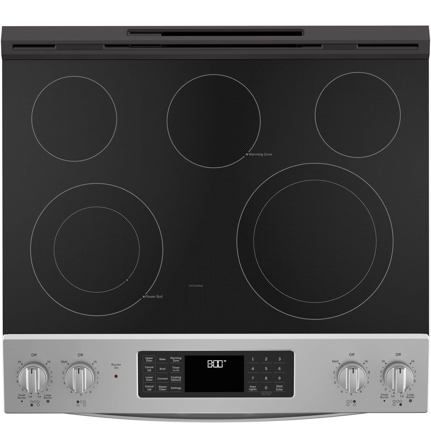 Black glass electric cooktop with five burners and stainless steel control panel from ranges collection