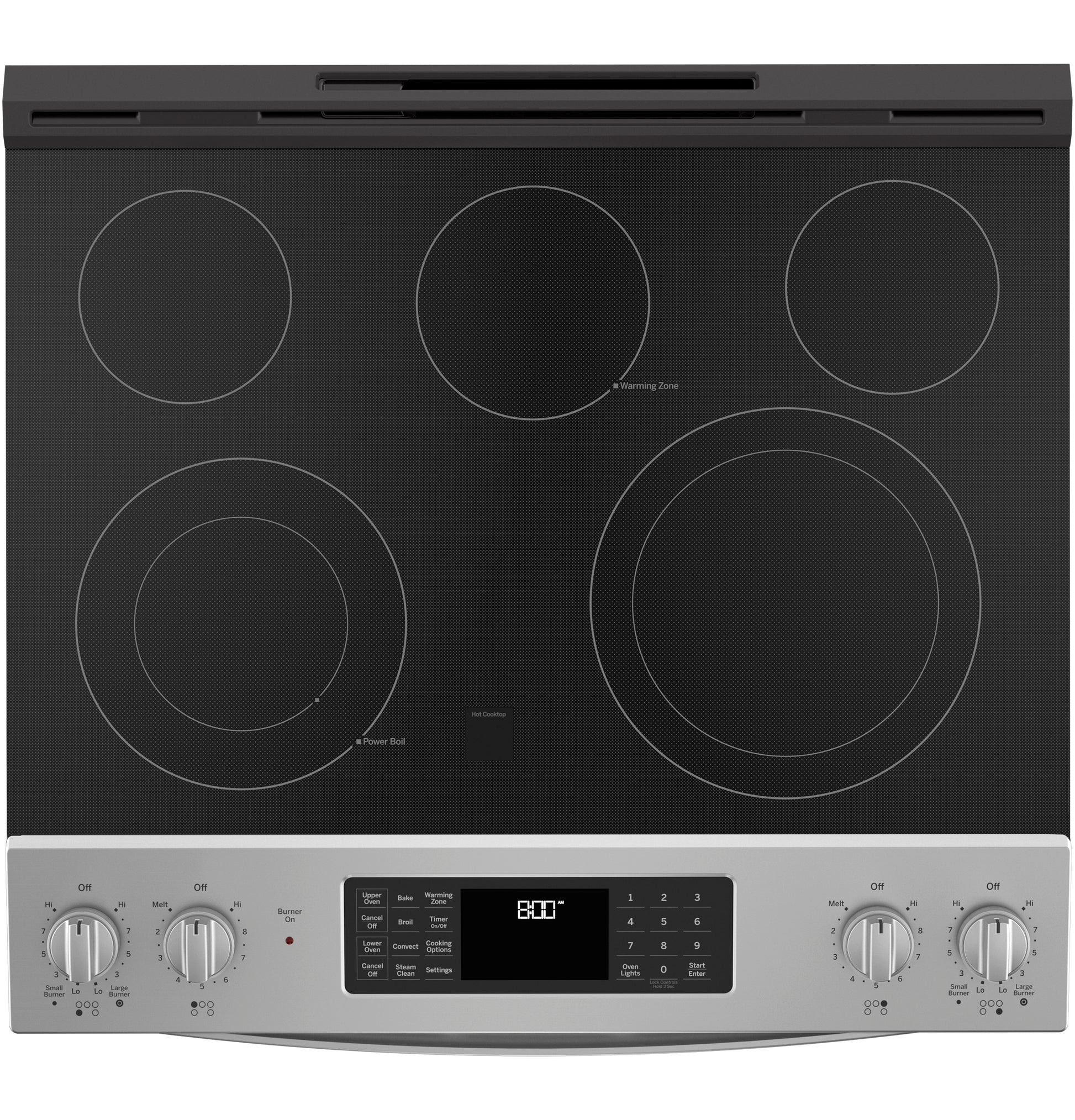 Black glass electric cooktop with five burners and stainless steel control panel from ranges collection