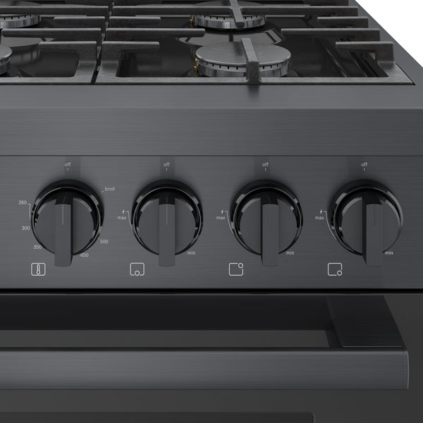 Control panel close-up of black stainless steel gas range with four metal knobs from Ranges and Kitchen & Kitchenware collections