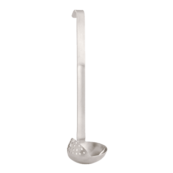 Stainless steel 3oz straining ladle with perforated bowl and long handle for kitchenware and cooking tools use