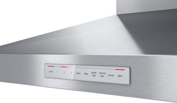 Stainless steel wall-mounted range hood control panel with LED indicators and settings for kitchen ventilation appliances